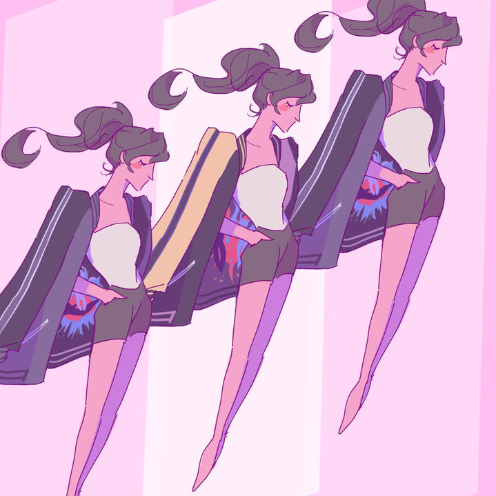 a doodle of me styling my fave piece of ffxiv merch - the hydaelyn vs. zodiark bomber jacket from square enix store